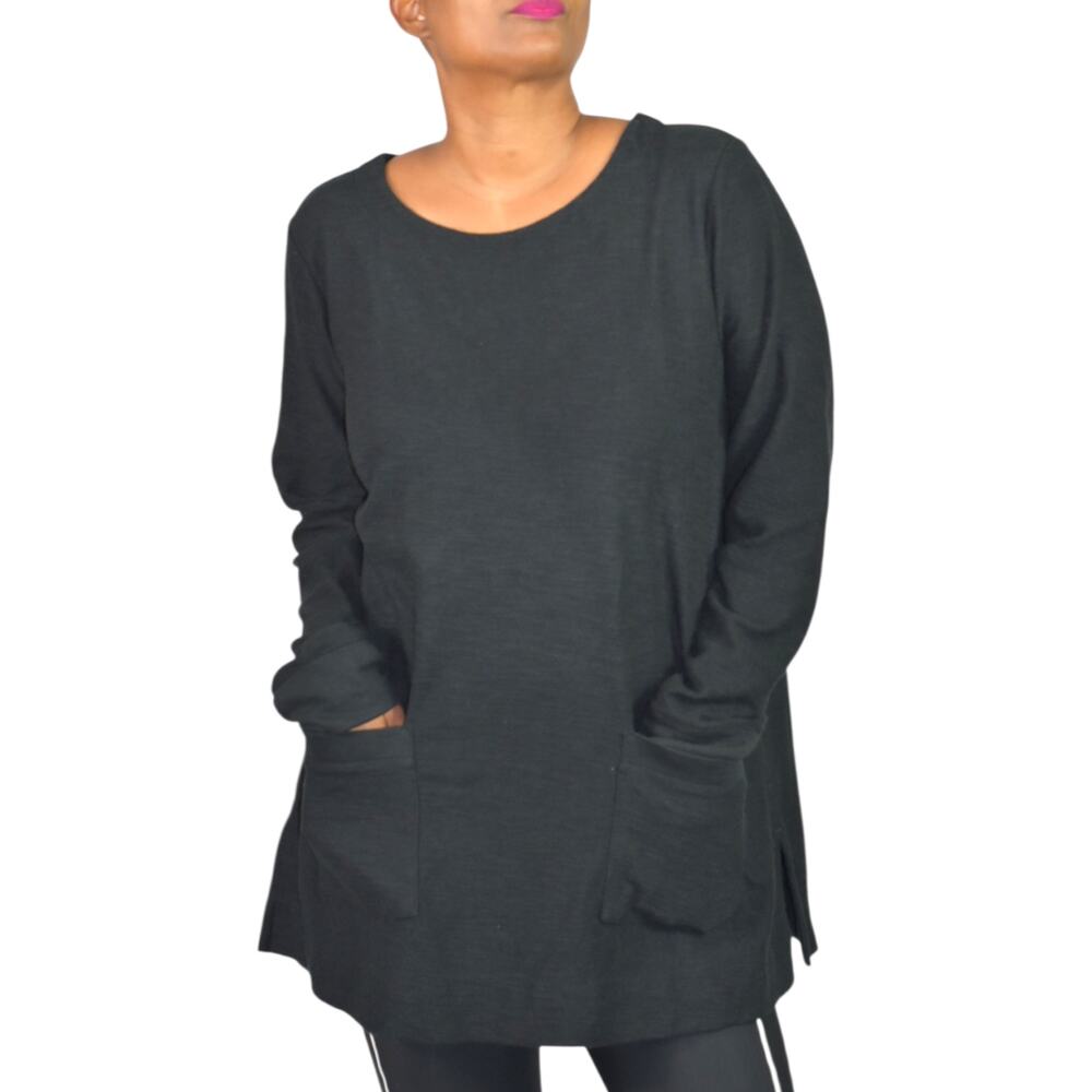 J Jill Black Textured Knit Tunic Cotton Blend Top Patch Pockets Side Slits Large